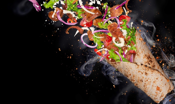 Doner Kebab with Fresh Ingredients Flying