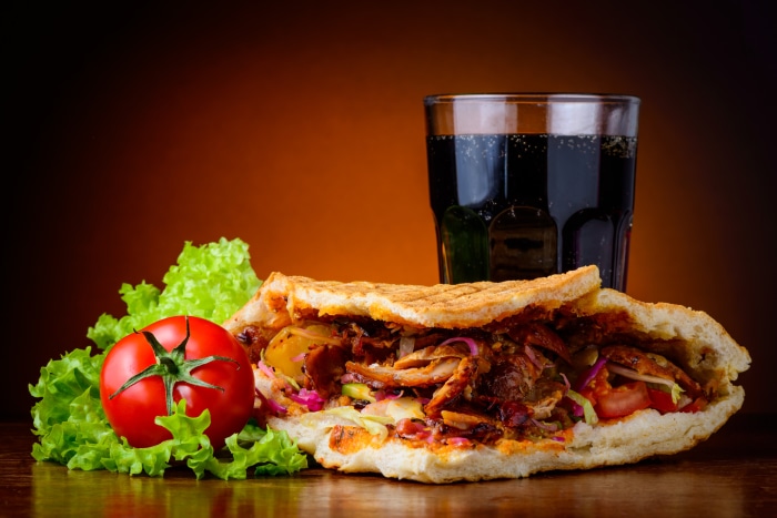 Doner Kebab with Fresh Vegetables and Drink