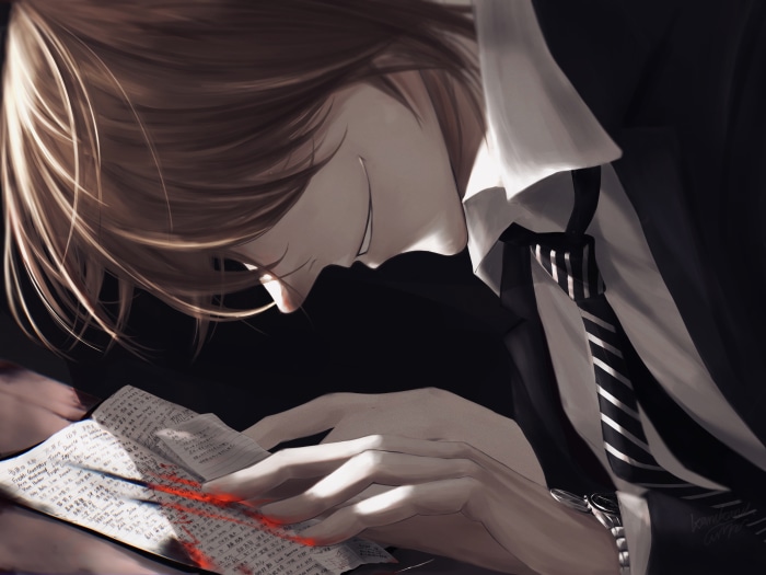 Light Yagami from Death Note reading a document