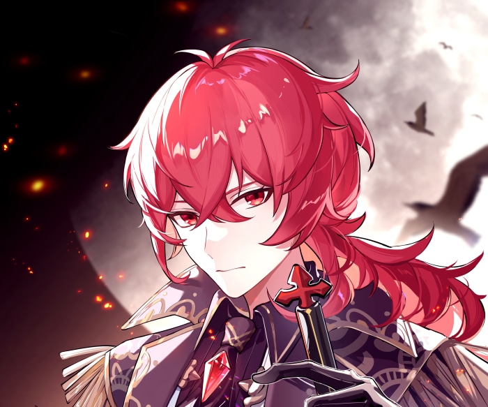 Diluc from Genshin Impact holding a sword
