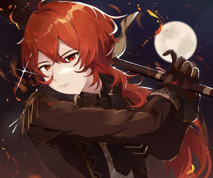 Diluc from Genshin Impact with a weapon