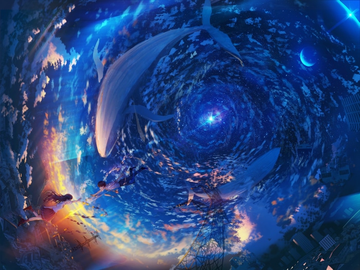 Whales in a Cosmic Sky with Two People