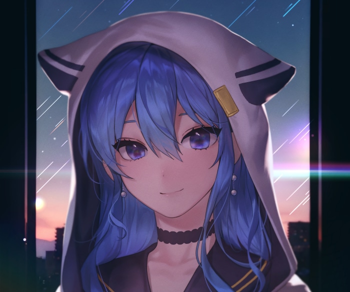 Hoshimachi Suisei from Hololive wearing a hoodie
