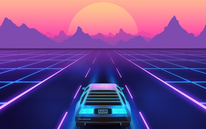 DeLorean driving on a neon grid road at sunset