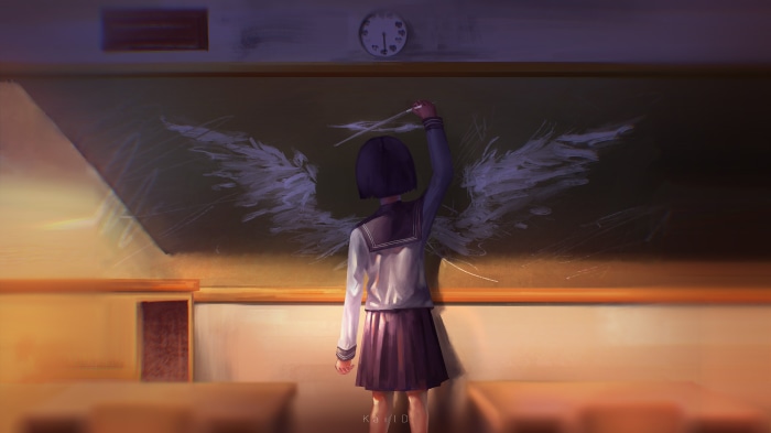 Girl drawing angel wings on a chalkboard