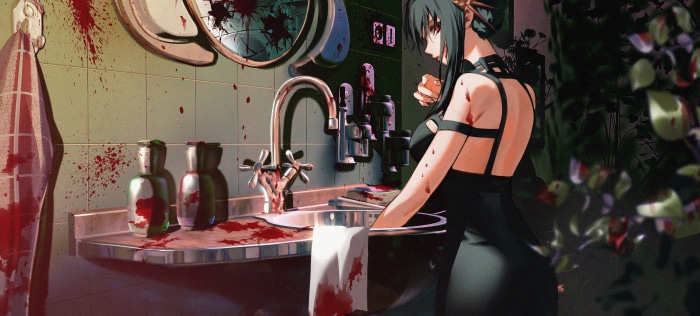 Yor Forger from Spy X Family in a bloody bathroom