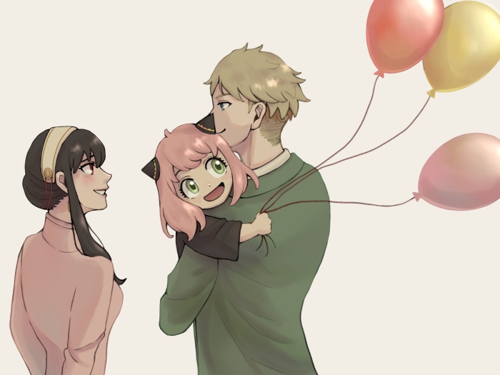 Anya, Loid, and Yor Forger from Spy X Family with balloons