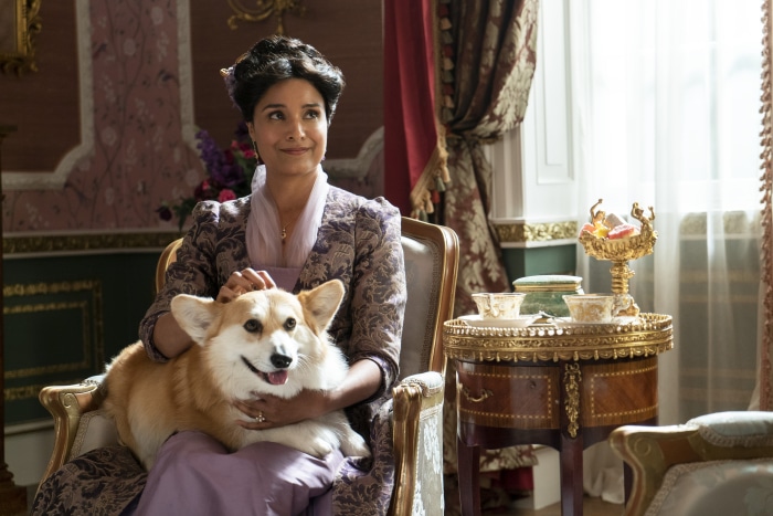 Woman with Corgi in Bridgerton