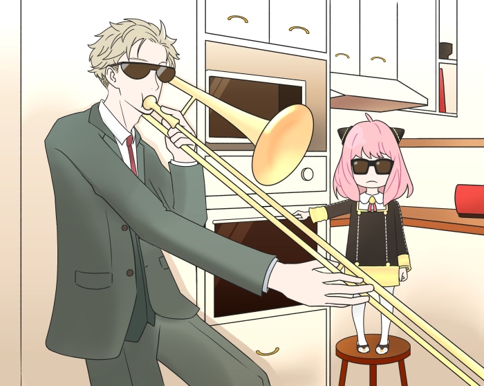 Loid and Anya Forger playing trombone from Spy X Family