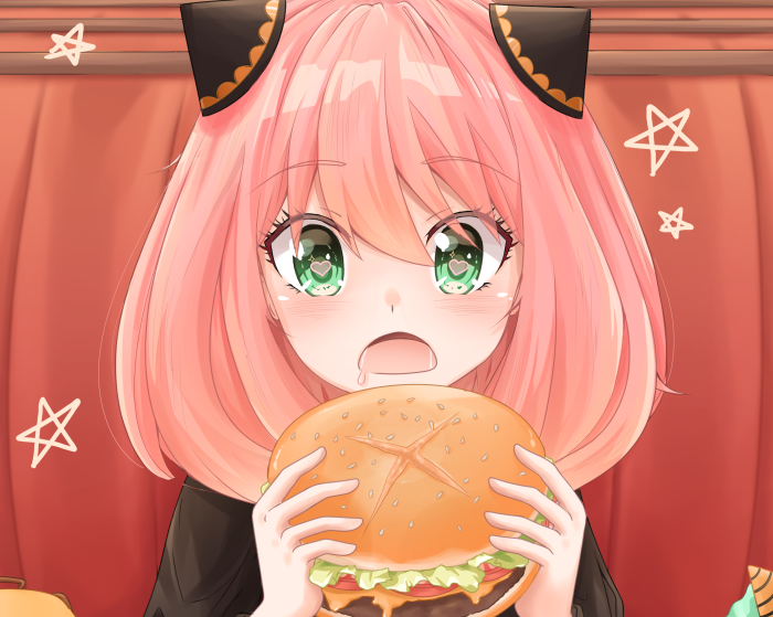 Anya Forger from Spy X Family eating a burger
