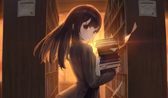 Anime girl with books in library