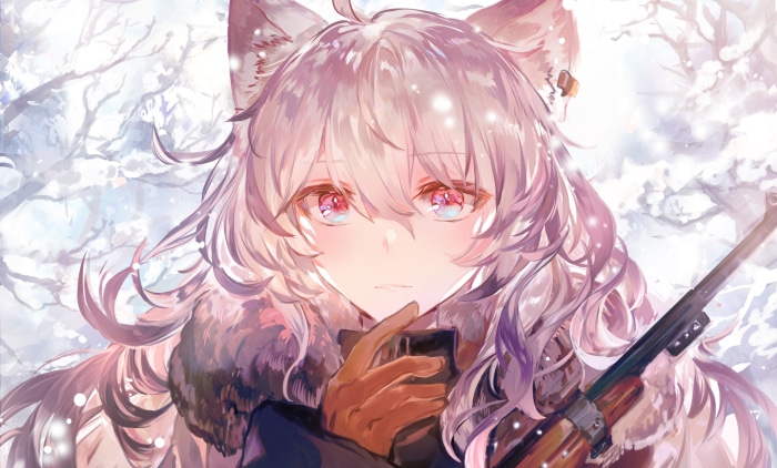 Anime girl with animal ears holding a rifle in the snow