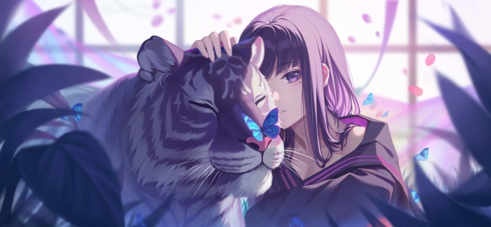 Girl petting a tiger with butterflies