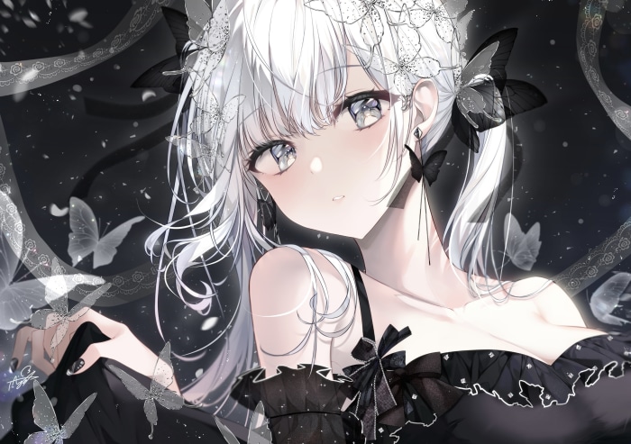 Girl with white hair and butterflies