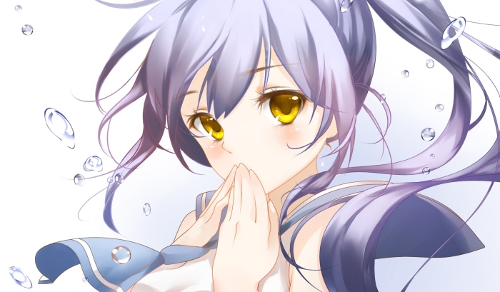 Anime girl with purple hair and yellow eyes