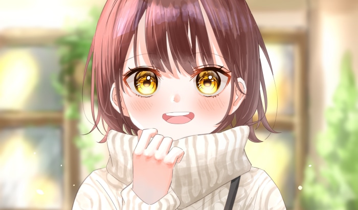 Anime girl with brown hair and yellow eyes