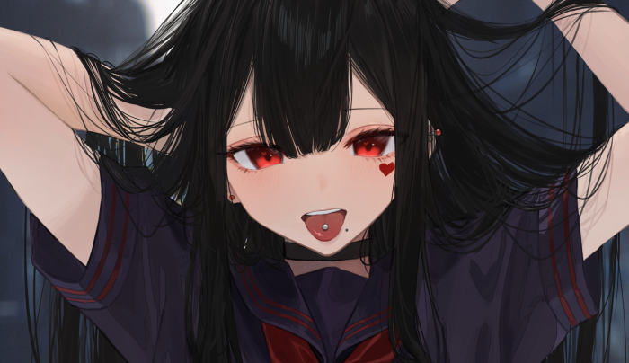 Girl with black hair and red eyes