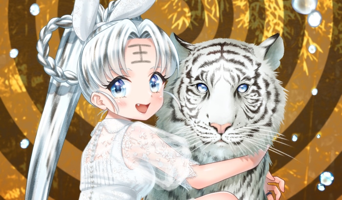 Girl hugging a white tiger