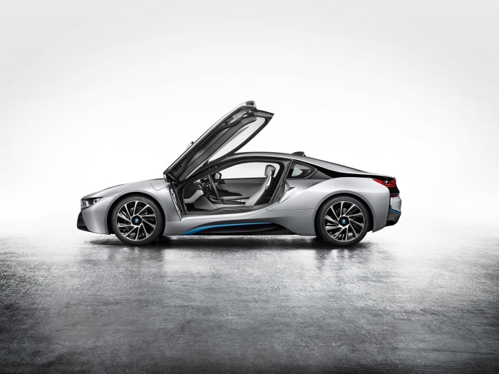 Silver BMW i8 with doors open