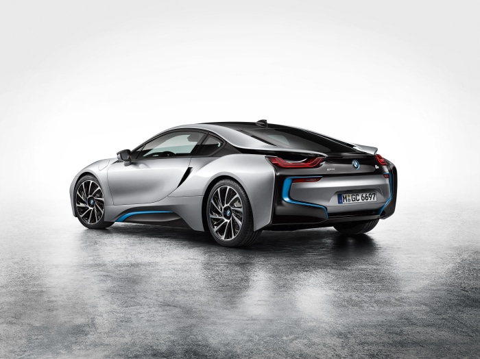 Silver BMW i8 Coupe Rear View