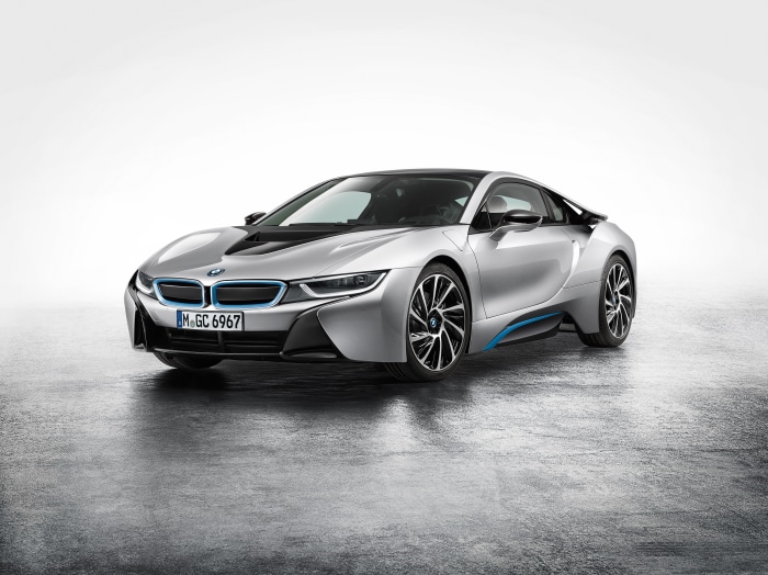 Silver BMW i8 Coupe with Blue Accents