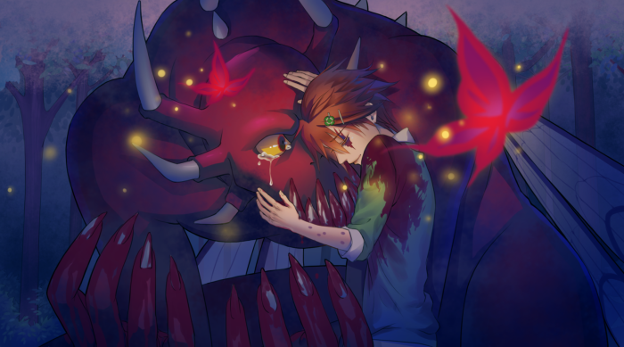 A boy crying on a dragon's head