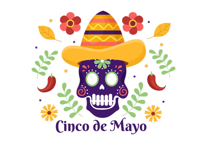Cinco de Mayo skull with sombrero and chili peppers