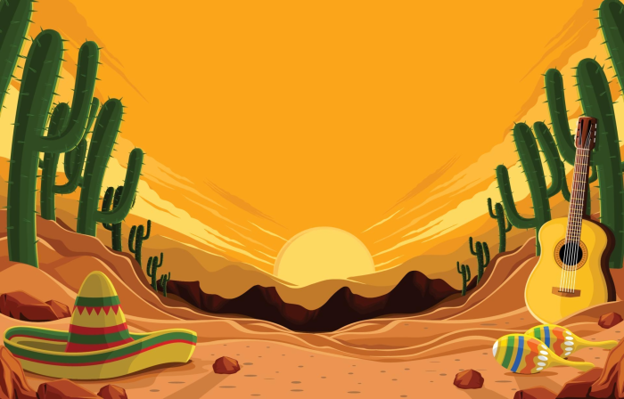 Cinco de Mayo desert sunset with sombrero and guitar