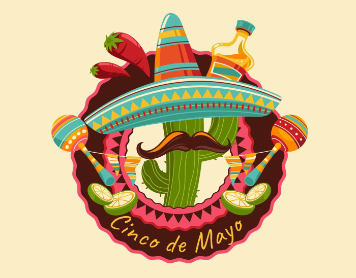 Cinco de Mayo illustration with sombrero, cactus, and tequila