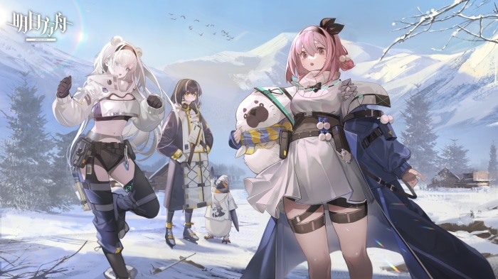 Pudding, Magallan, and Aurora from Arknights in a snowy landscape