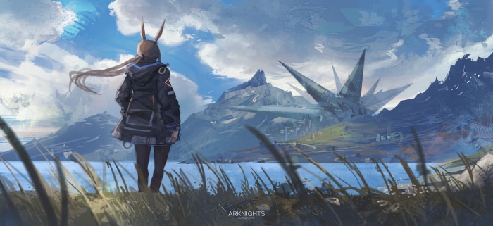 Amiya from Arknights overlooking a futuristic landscape