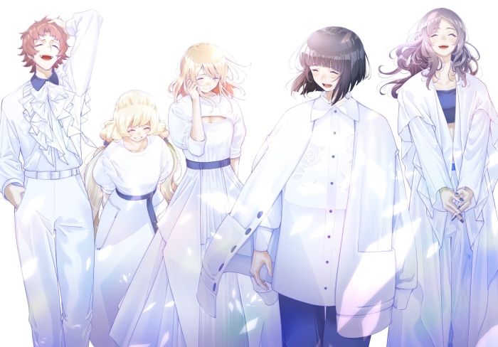 Five characters in white outfits