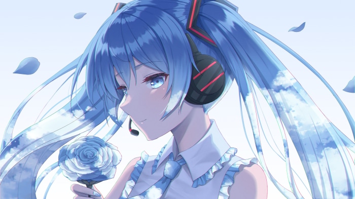 Hatsune Miku holding a blue rose