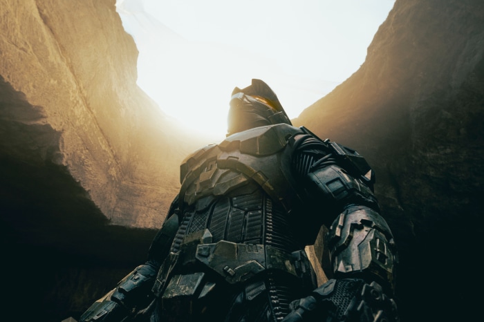 Master Chief from Halo in a canyon