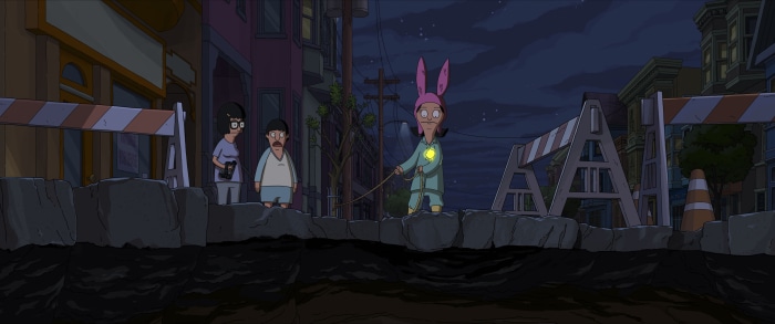 Louise, Tina, and Gene Belcher from Bob's Burgers in a flooded street
