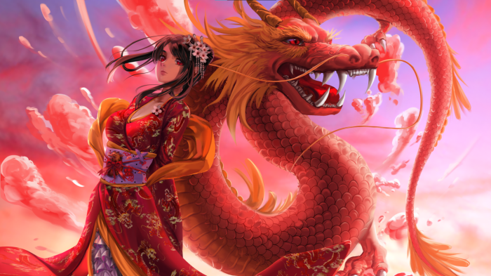 Girl in Kimono with Red Dragon