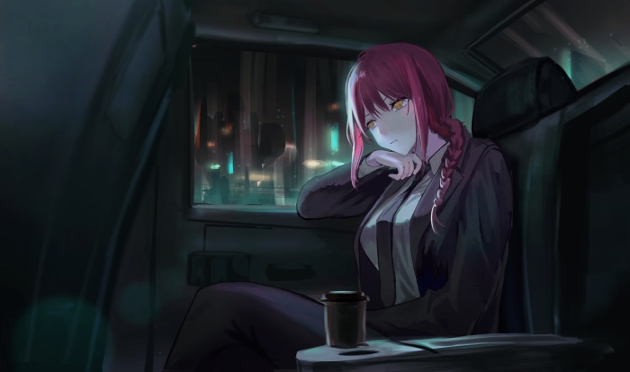 Makima from Chainsaw Man in a car at night