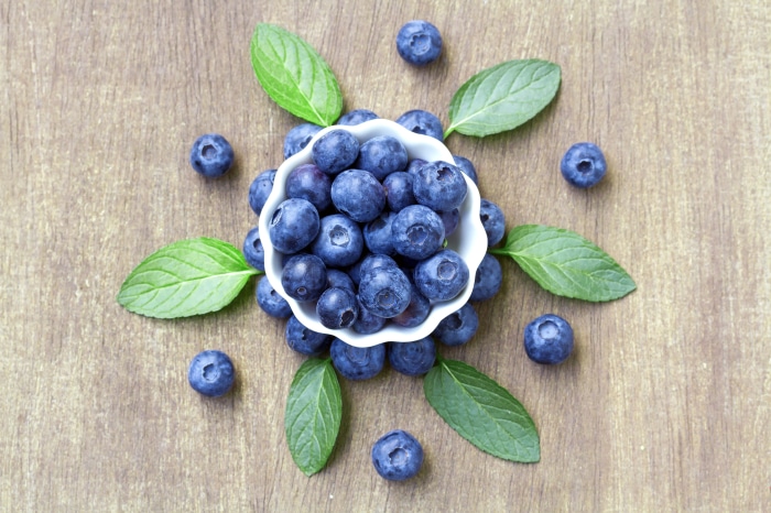 Blueberries in a bowl with mint leaves