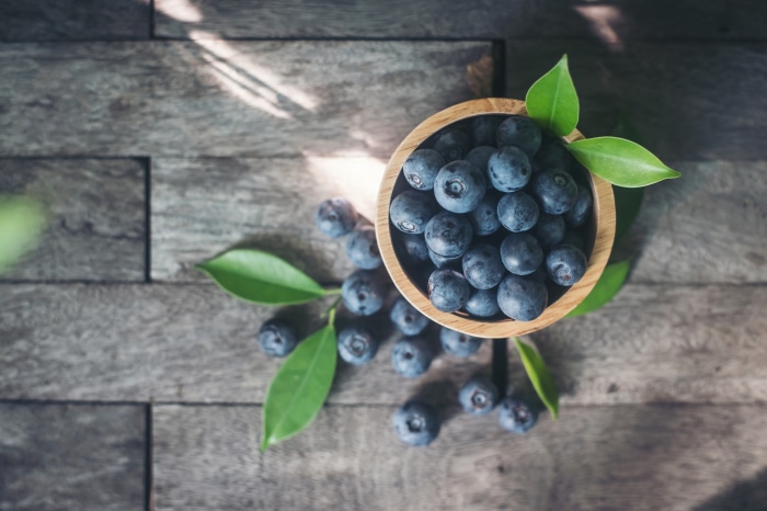 Blueberries in a bowl with leaves