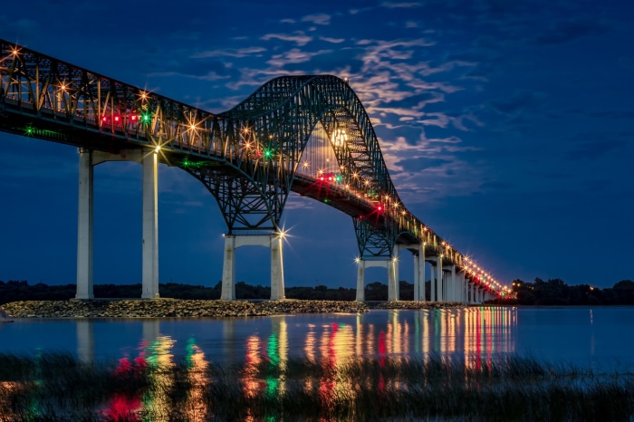 Bridge over the St. Lawrence River in Quebec, Canada at night