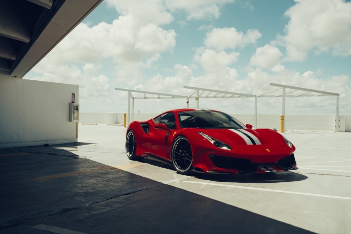 Red Ferrari 488 Pista with white stripes