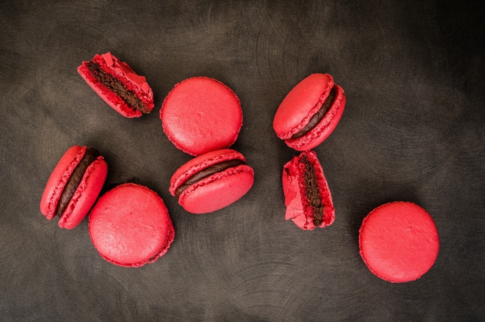 Red Macarons with Chocolate Filling 4K