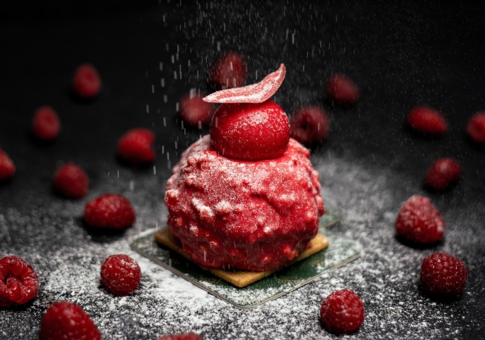 Raspberry Mousse Dessert with Powdered Sugar