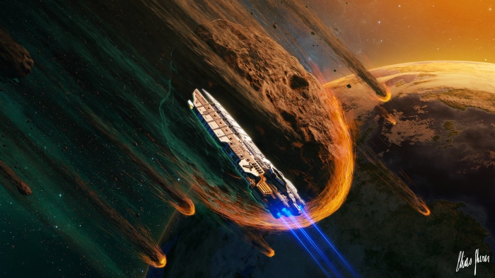 Spaceship navigating asteroid field near planet