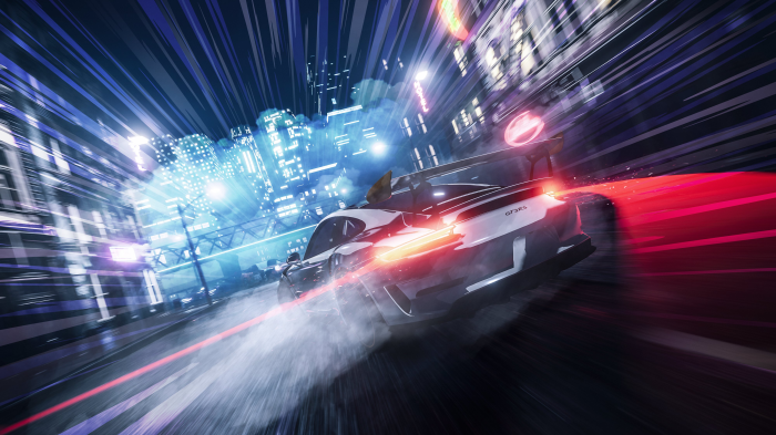Porsche GT3 RS racing through a neon-lit city at night