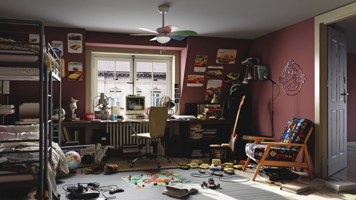 Teenage bedroom with bunk bed and video games