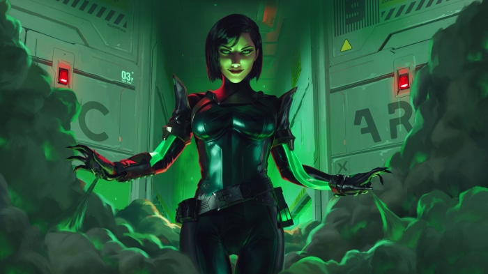 Viper from Valorant surrounded by green smoke