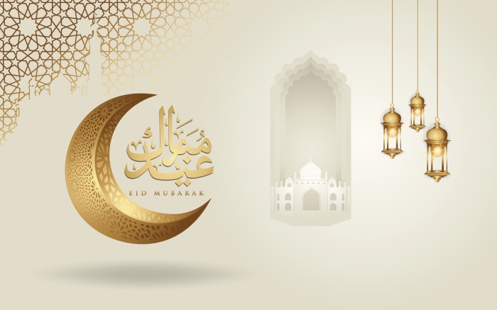 Eid Mubarak crescent moon and lanterns