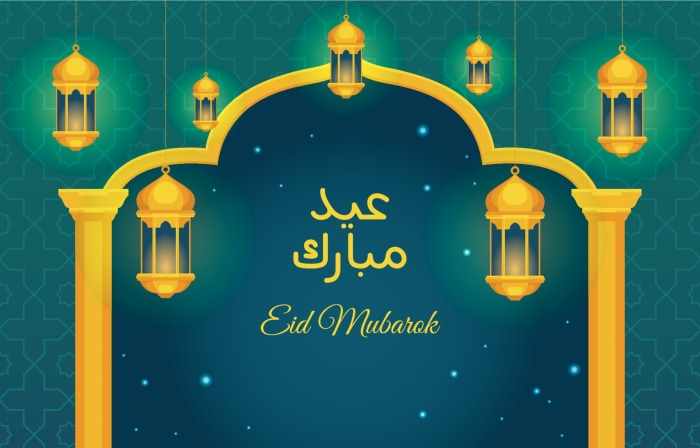Eid Mubarak lanterns and Arabic calligraphy
