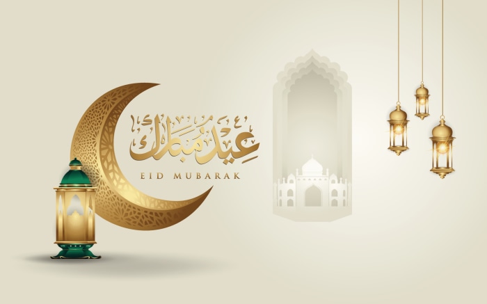 Eid Mubarak crescent moon and lanterns